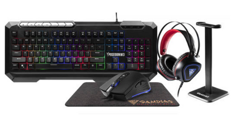 Gamdias Poseidon M3 5 In 1 Gaming Combo, Multi-Color Membrane Keyboard, Breath Lighting Headset With 50mm Driver, Breath Lighting 3600 DPI Mouse, Non-Slip Mouse Mat, Headset Stand | M3 5-IN-1 COMBO