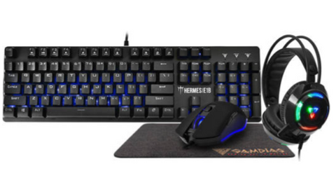 Gamdias Hermes E1B 4-in-1 RGB Gaming Gear Combo Pack Mechanical Keyboard+3200 DPI Ergonomic Mouse+Breath Lighting Headset with 40mm Driver Headset + Non-Slip Gaming Mouse Mat, Black | E1B 4-IN-1 COMBO