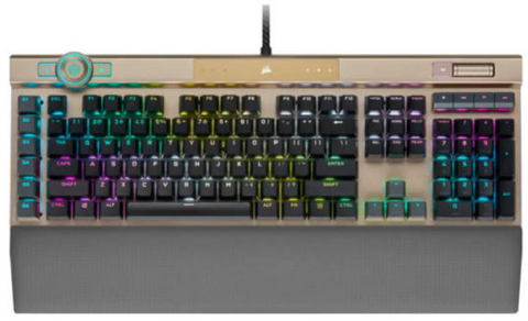 Corsair K100 RGB Optical Mechanical Gaming Keyboard, Detachable Palm Rest, Axon Technology, 44 Zone RGB Light Edge, OPX Keyswitch, Eng - Arabic Layout, Midnight Gold | CH-912A21A-AR