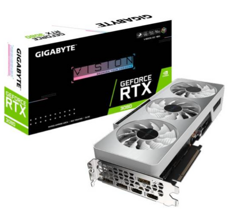 Gigabyte GeForce RTX 3080 Vision OC 10G, 1‎800 MHz Core Clock, GDDR6X, 10GB, 3‎20 bit, PCI-E 4.0 x 16, ATX Graphics Card - Silver (LHR) I GV-N3080VISION OC-10GD